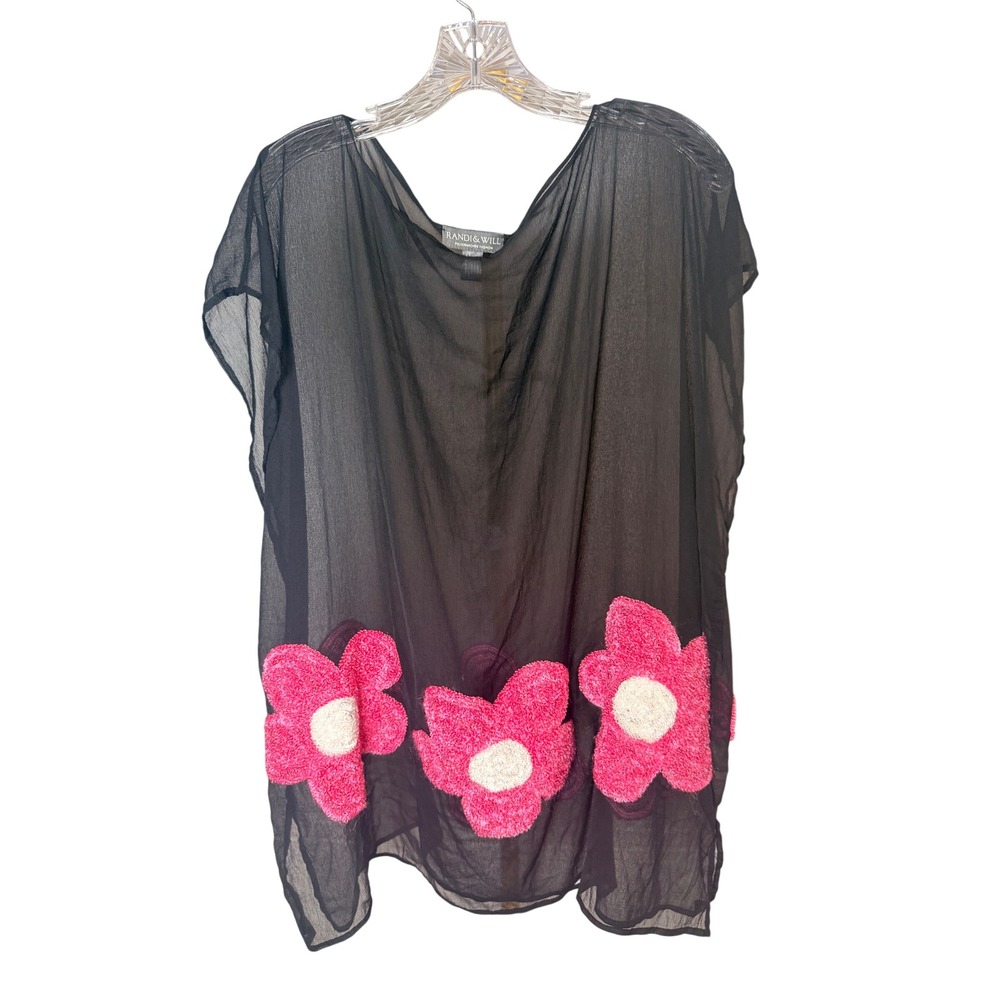 Randi & Will Black Sheer Rayon Floral Appliqué Boho Tunic Top One Size Lagenlook